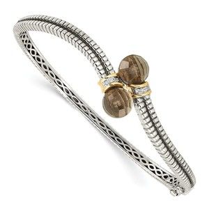 925 Sterling Silver w 14K acct Antiqued Smoky Quartz & Diamond Bangle Bracelet